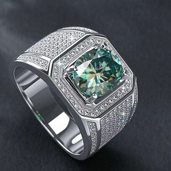 💎NEW Certified  MASSIVE 3ct Green Moissanite Men's Ring S925 - Picture 1 of 6